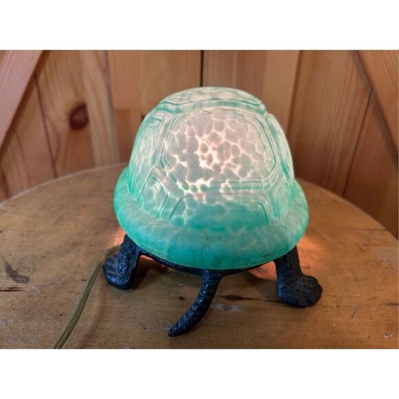 VTG Turtle Lamp Night Light Green Glass Tortoise Shell Cast Metal Corded Works ( - Picture 4 of 7